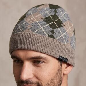 Rag & Bone Men's Argyle Beanie Hat Cashmere Wool Blend Grey Green OS